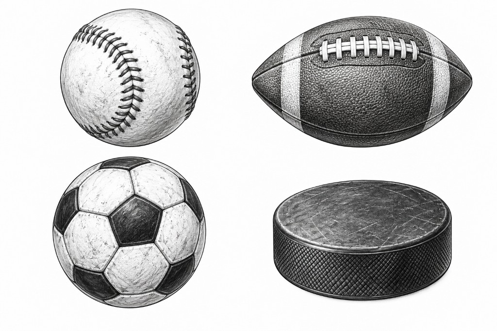 Baseball, football, soccer ball, and hockey puck